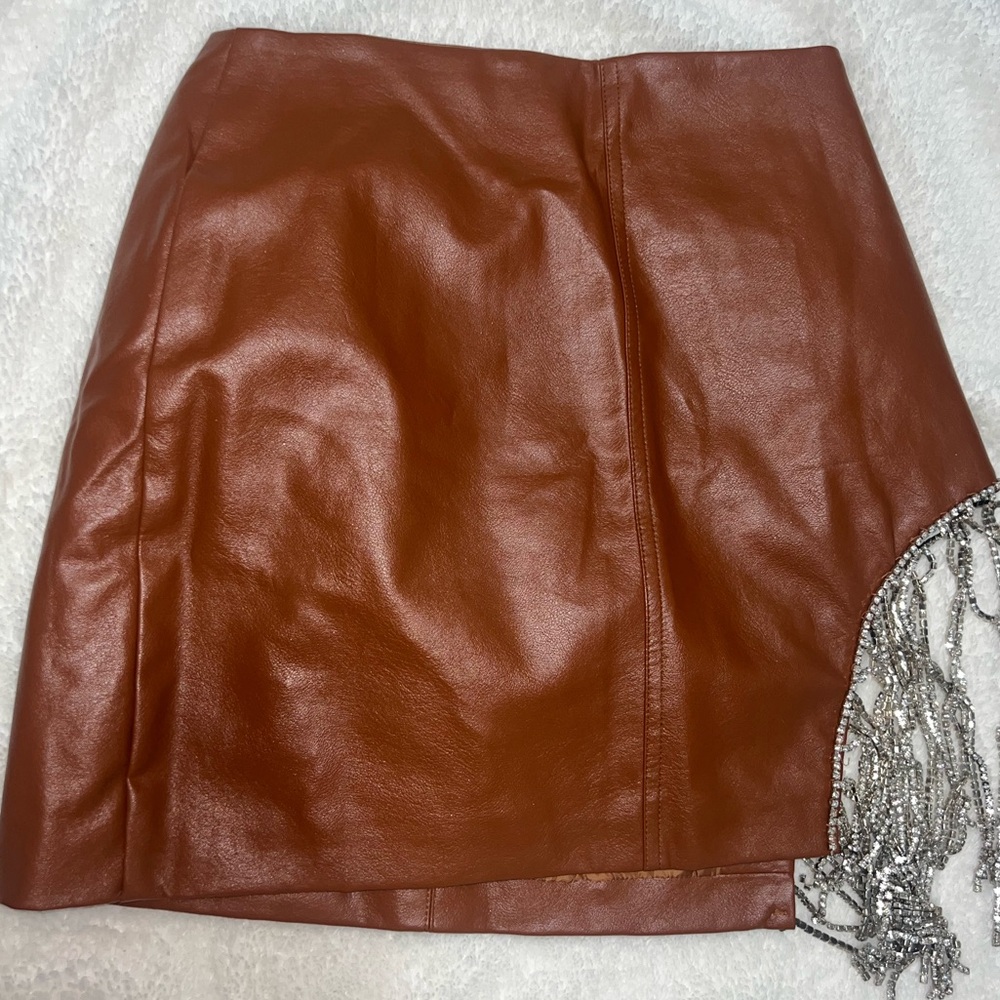 Brown Leather Skirt with Silver Fringe